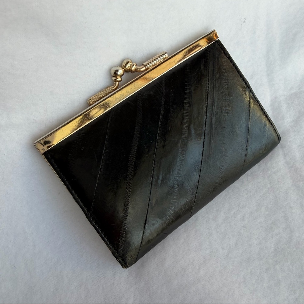 Vintage 70s Black Eel Skin Leather Coin Purse Change Wallet Sunco Korea